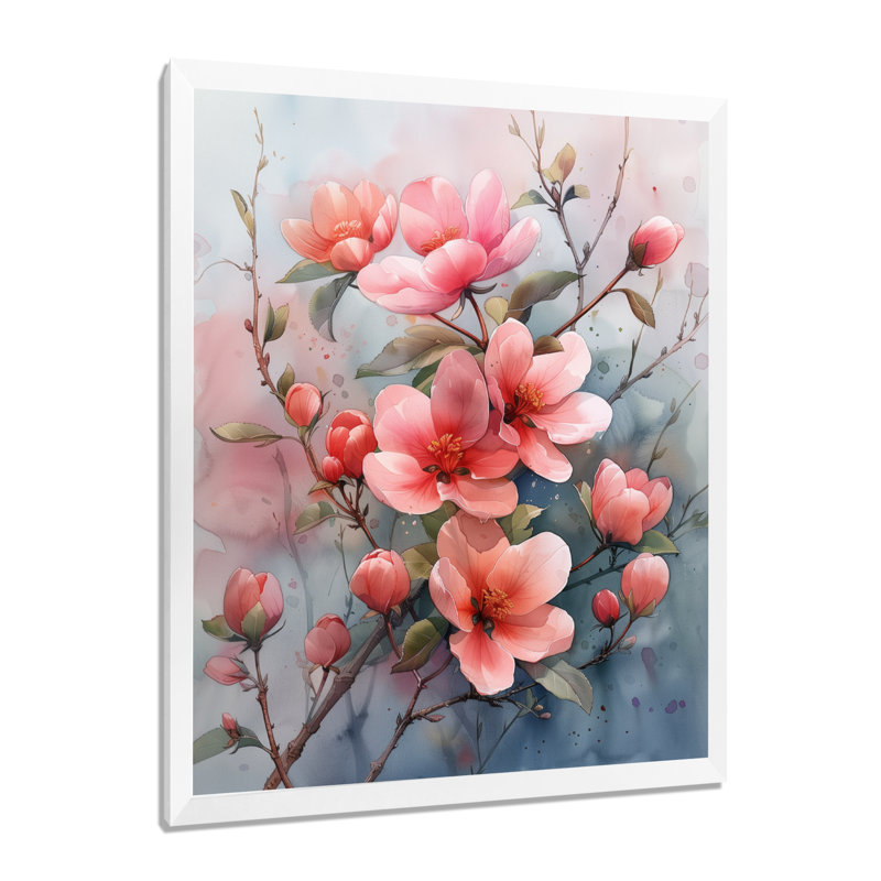  «Pink Grey Tender Bloom Apple Blossom I - Art mural fleur de pommier, Cadre simple blanc, H 34 po x l 44 po