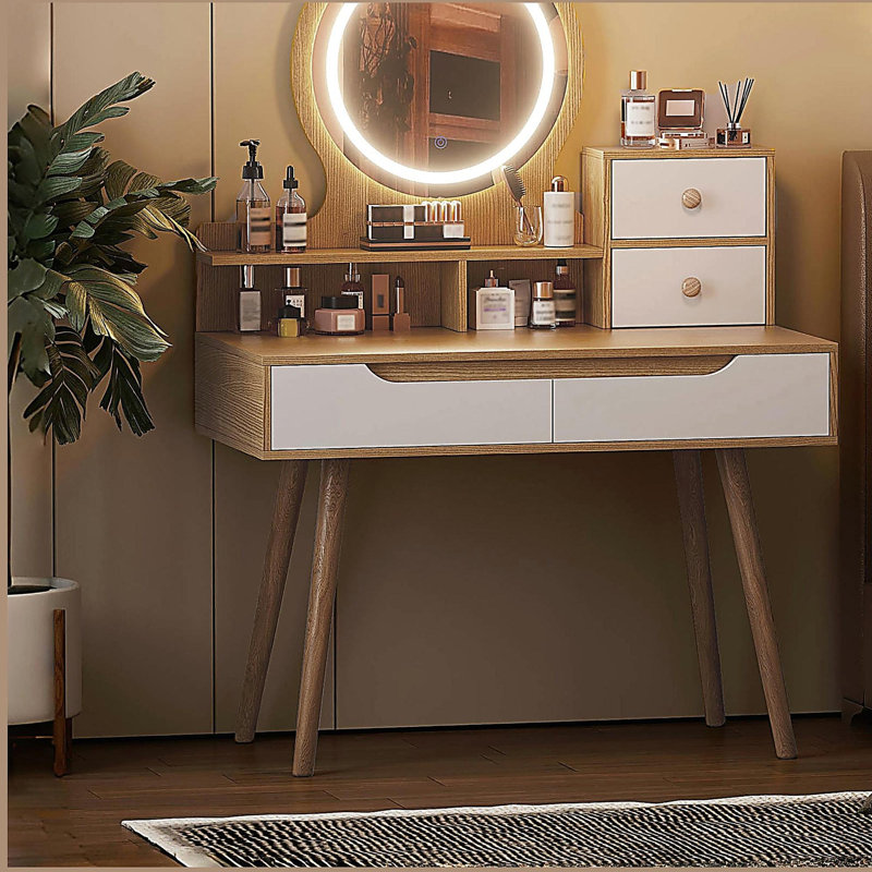 Makeup Vanity Desk with 3 Adjustable Lighted Mirror with solid wood table feet , Dressing Table Set with 4 drawers and 3 open shelves  for Small space Bedroom
