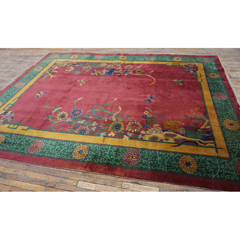 1920s Knotted Rectangle Antique Room Size Chinese Wool Purple - Art Deco Rug
