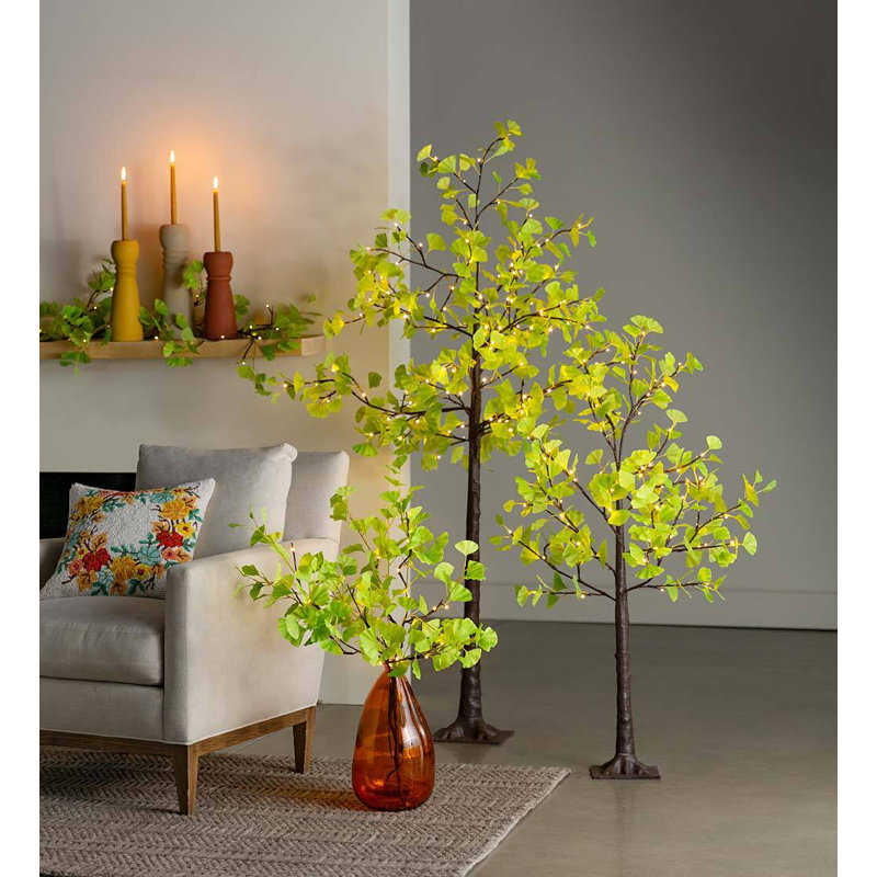 Indoor/ Outdoor Faux-Lighted Ginkgo Tree, 4'H Faux Foliage Tree in Metal Freestanding, Green