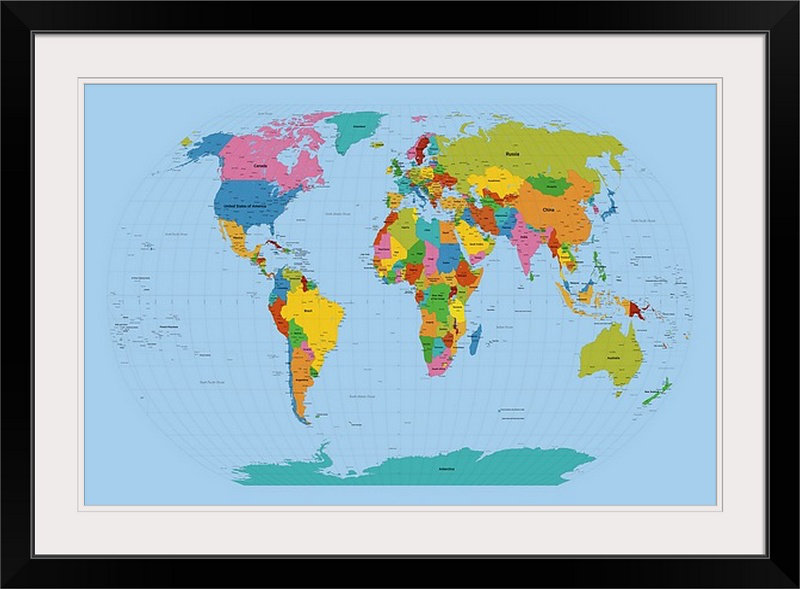 «World Map Bright» par Francy, impression, H 28 po x l 38 po x P 1 po, Cadre blanc