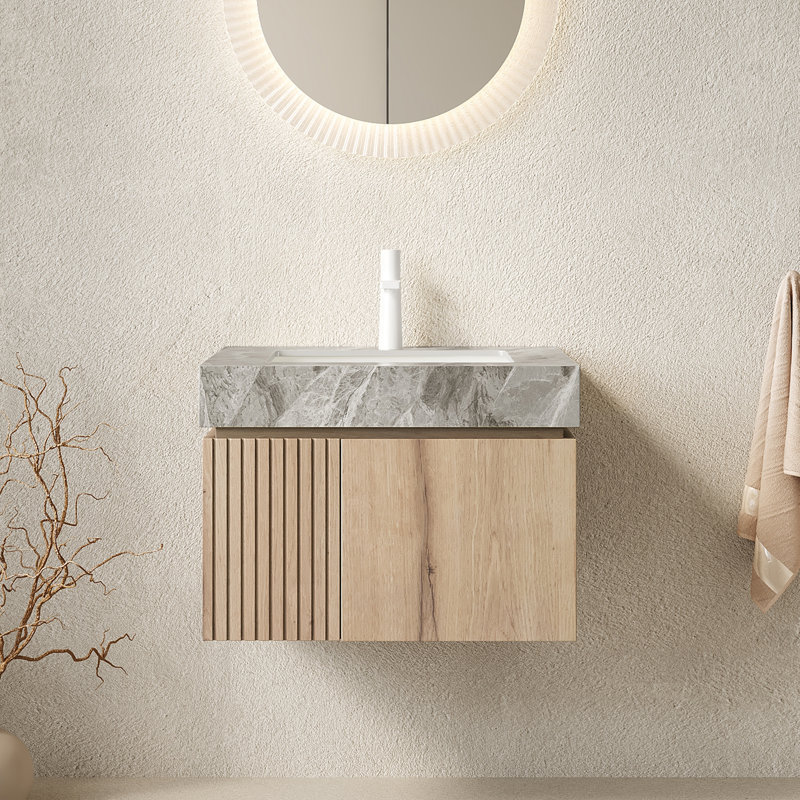 Meuble-lavabo de salle de bain de style contemporain, Chêne blanc, Gris clair