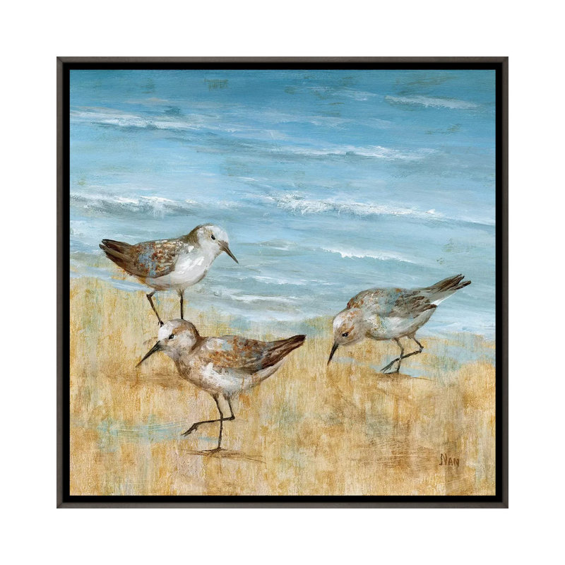 "Sandpipers II" par Nan, reproduction d’art, H 18 po x l 18 po x 1,5 po, Toile encadrée de bois rustique foncé, Pas de tapis