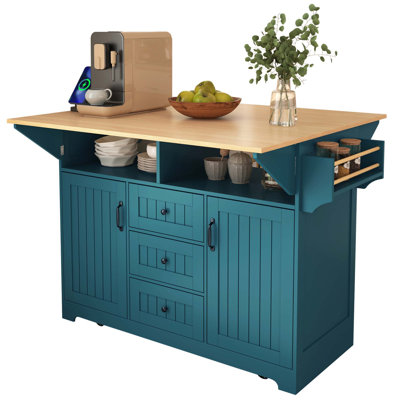 Grand îlot de cuisine 55,7 po avec 2 abattants, chariot de cuisine roulant sur 5 roulettes avec prise de courant, table de salle à manger pliante avec porte-épices et porte-serviettes, 3 tiroirs
