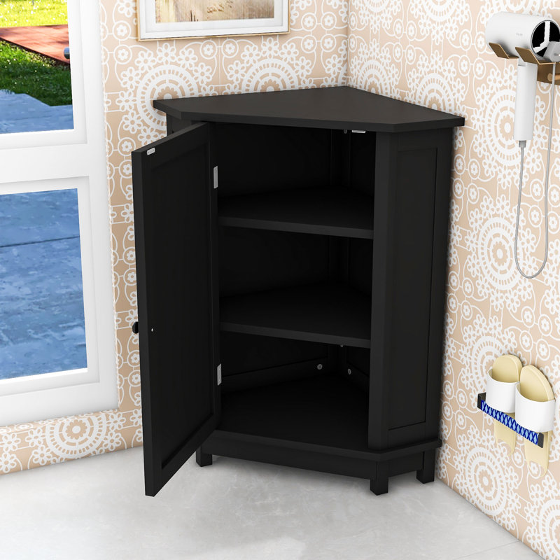Armoire de rangement de coin de salle de bain en bois avec tablettes réglables, Noir