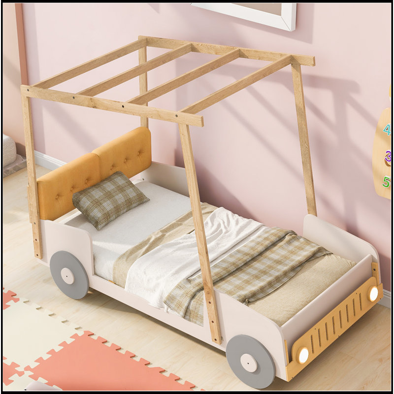 Lit voiture simple en bois avec coussin, toile de plafond et DEL, naturel