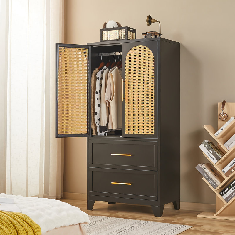 Armoires de rangement en métal 65 po avec porte en rotin ABS et 2 tiroirs, Noir