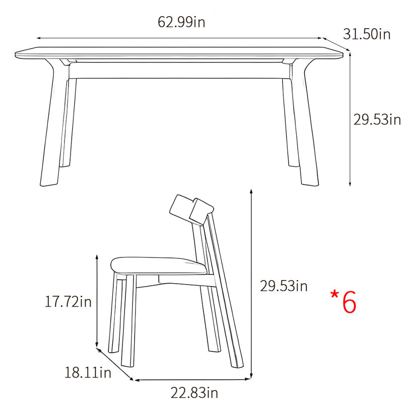Light luxury style rectangular dining table sets, 29.53"H x 62.99"L x 31.5"W