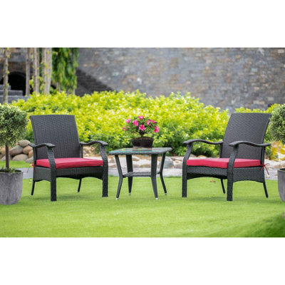Ensemble de mobilier d'extérieur en osier 3 pièces comprenant une table basse rectangulaire en osier avec plateau en verre et 2 fauteuils de balcon avec coussin, petit, noir