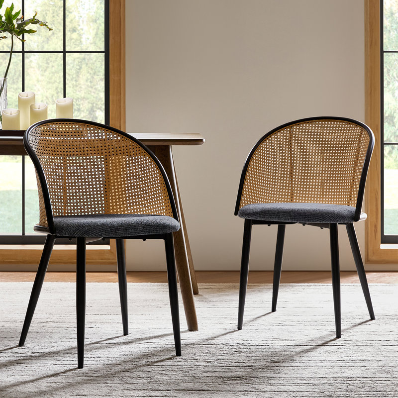 Contrell Mid-Century Modern Dinning Chair with Rattan Hollow Backrest (Set of 2), Black