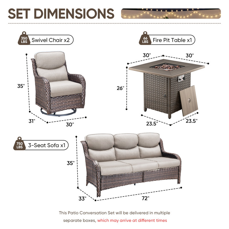 Ensemble de conversation de patio en rotin 4 pièces avec table carrée et glissières pivotantes Anner, Beige, Brun