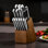 Ensemble de couteaux de cuisine avec bloc et aiguiseur, ensemble de 15 couteaux tranchants en acier inoxydable à haute teneur en carbone allemand, couverts de cuisine avec poignée ergonomique, barre à aiguiser et bloc en bois, pour cuisiniers à domicile