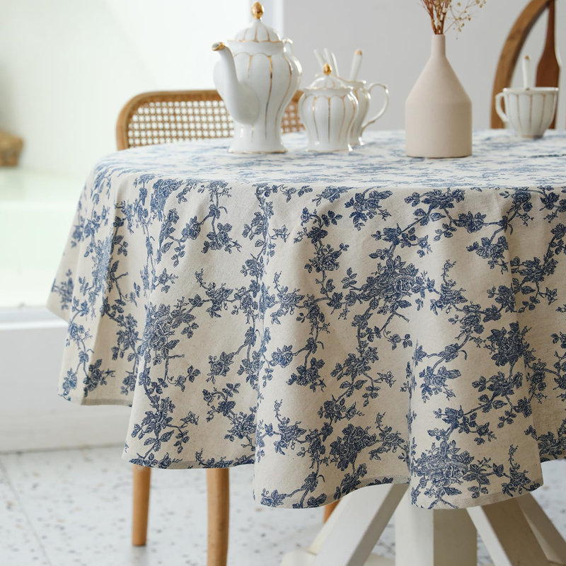 Pastoral Round Tablecloth - 60 Inch Dia. - Linen Fabric Table Cloth - Washable Table Cover With Dust-Proof Wrinkle Resistant