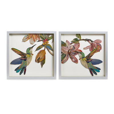 Set of 2 Humming Birds Paper Collage Wall Art Nature Decor Accent – 15.75" H