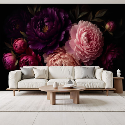 Peel and Stick Wallpaper Dark Romantic Peony Bouquet Deep Purple Pink Flowers Black Wall Murals 69"H x 96"W Removable PVC Wall Paper Self-Adhesive Wall Decor for Bedroom Living Room Home Office