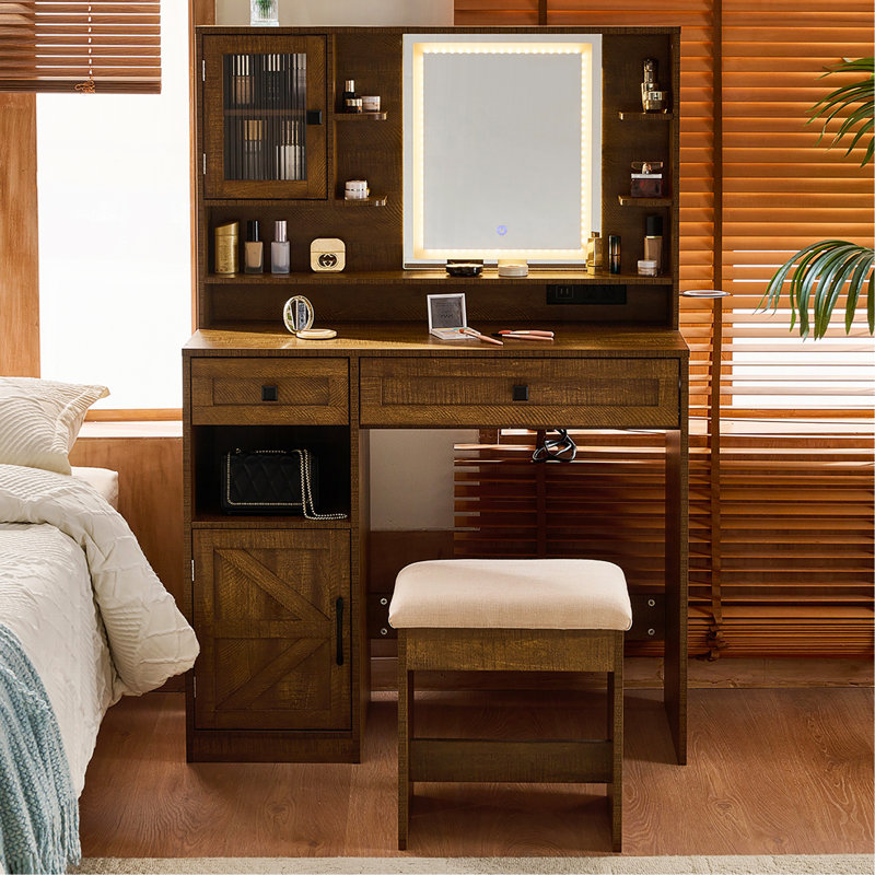 Bureau de coiffeuse de maquillage de ferme avec miroir et lumières, ensemble de coiffeuse avec station de charge et tabouret, tiroirs, tablettes et armoire d'appoint, brun rustique