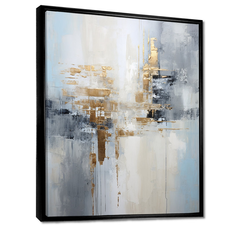 «Gold Memories On Faded Blue», art mural abstrait, Toile avec cadre flottant noir, H 20 po x l 12 po x P 1 po