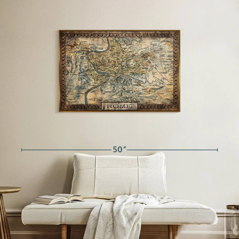 Carte rétro de la ville de Rome, Cadre flottant doré, 37 po x 25 po