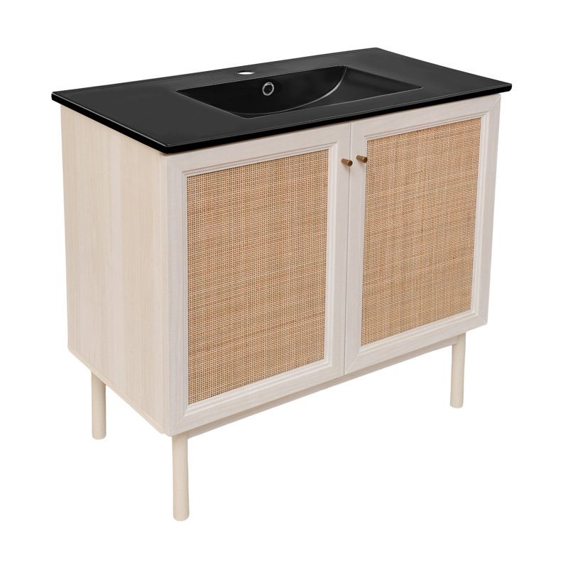 Meuble-lavabo autoportant en chêne blanc Classe 36 avec plateau noir Class, Chêne blanc, Black, Single-Hole
