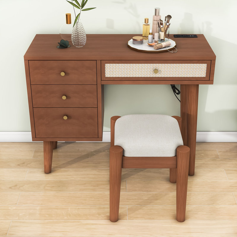 Retro Wood Makeup Vanity Set with Charging Plug, USB Port, 4 Storage Drawers and Stool, Walnut