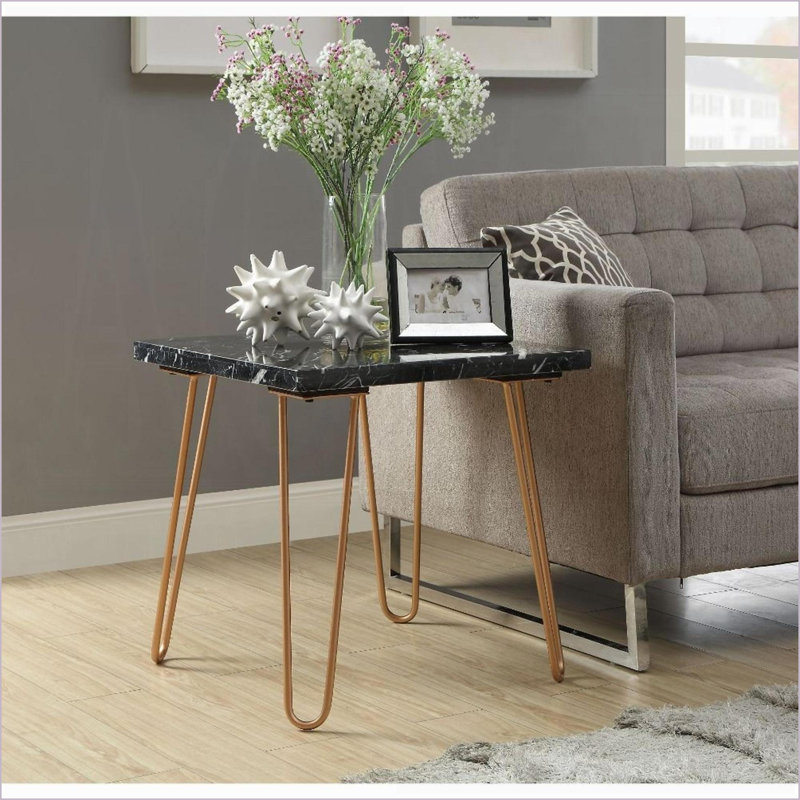 Table basse moderne en marbre blanc pour le salon avec pieds en métal en forme de V noir, facile à assembler, Blanc, Noir