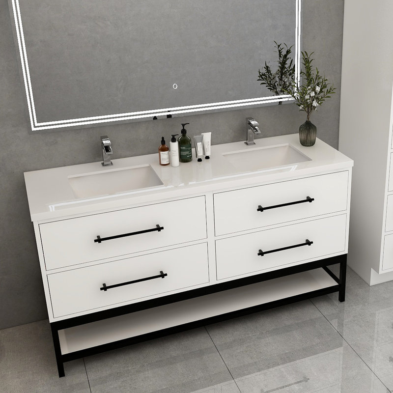 Meuble-lavabo flottant Victoria avec double évier et support en acrylique renforcé, Blanc lustré
