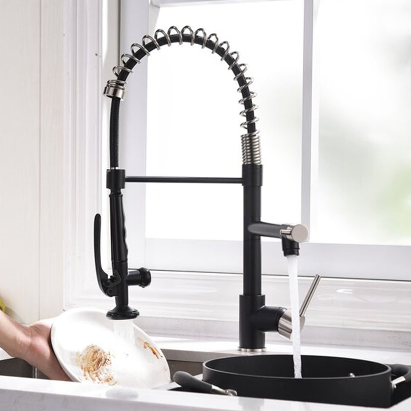 Robinet de cuisine rétractable à poignée double avec accessoires, Noir mat / nickel brossé