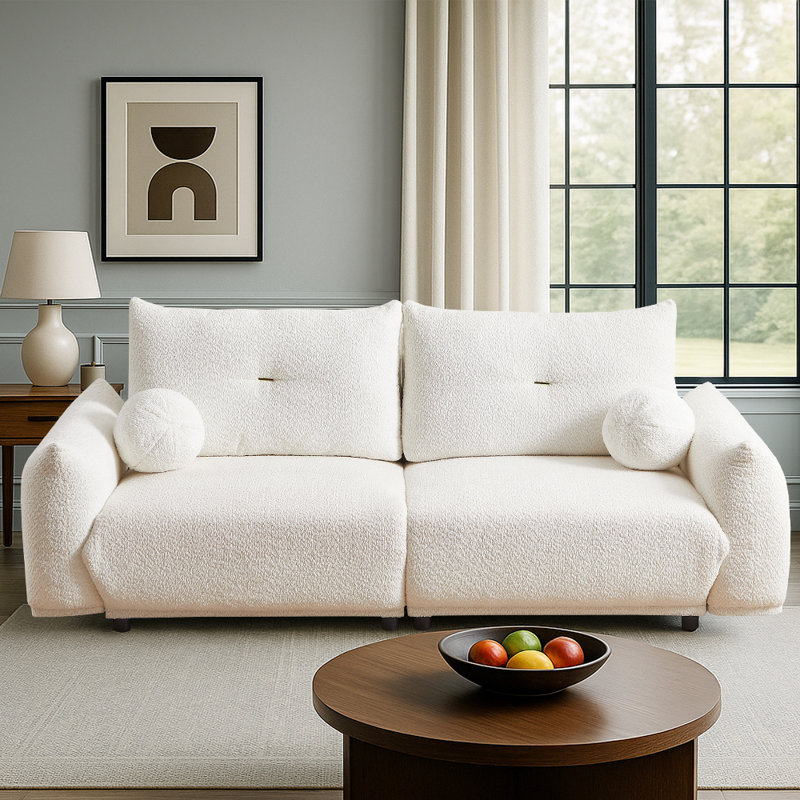 Lambswool 2-Pices 90" Oversized Sofa With 2 Ball Pillows, White