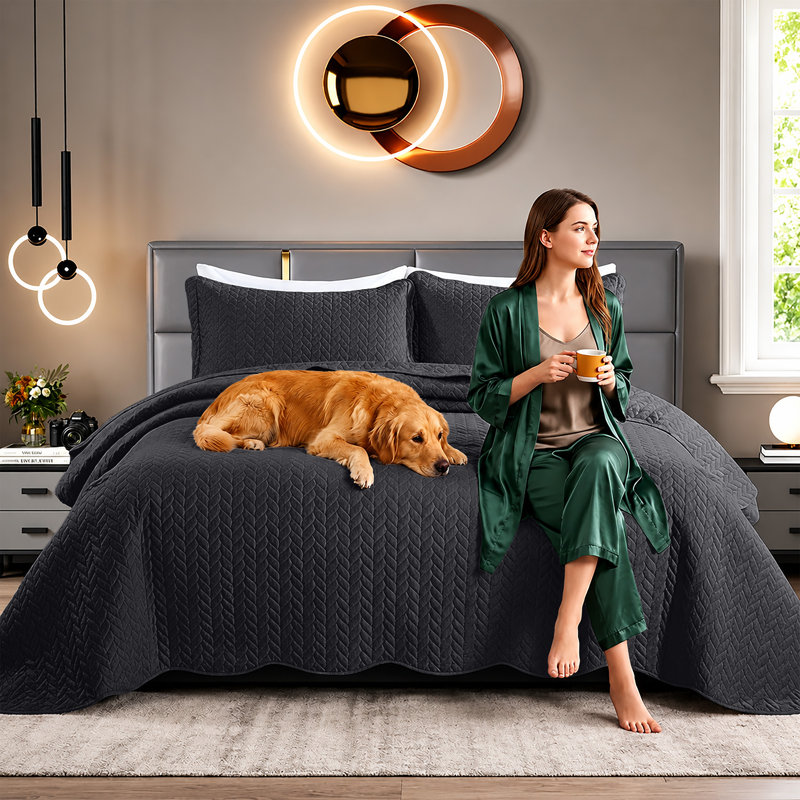 Embossed Microfiber Quilt Coverlet Set, Twin ( 66 Inc x 86 Inc ), Black
