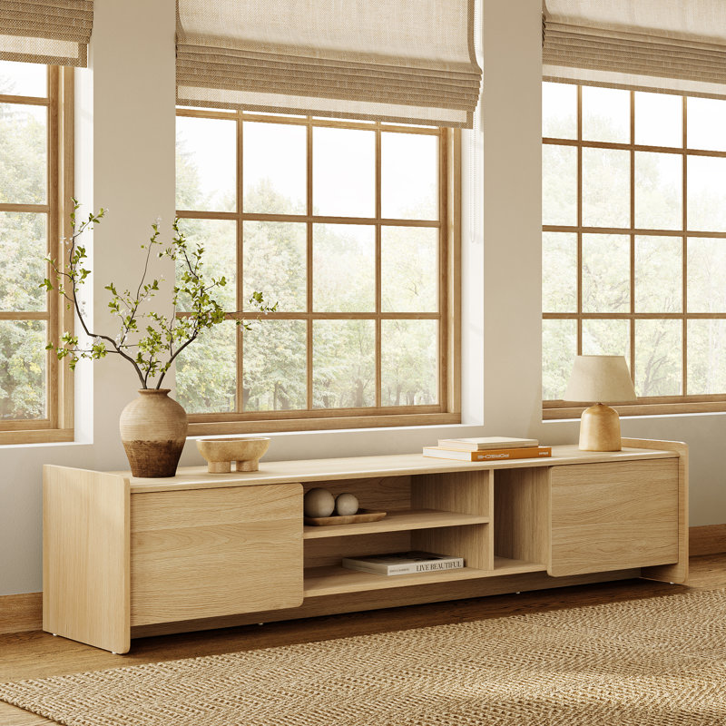 69.3'' W Oak Modern TV Stand with Rounded Corners and Storage Cabinets