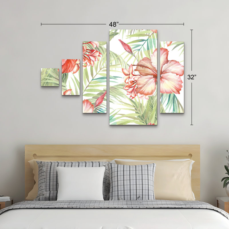 «5 Hibiscus Motif», art mural sur toile 5 panneaux pour décor de salon, de chambre à coucher ou de bureau 
