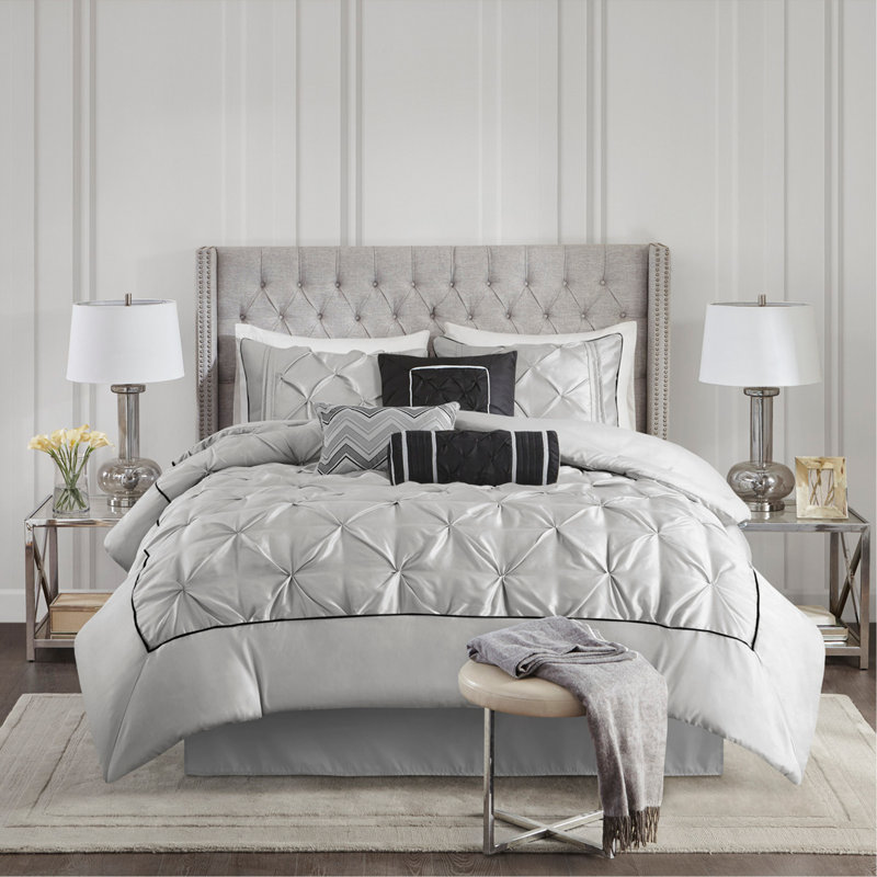 Ensemble d'édredon touffeté 7 pièces grand gris, Gris, Édredon grand + 6 pièces supplémentaires 