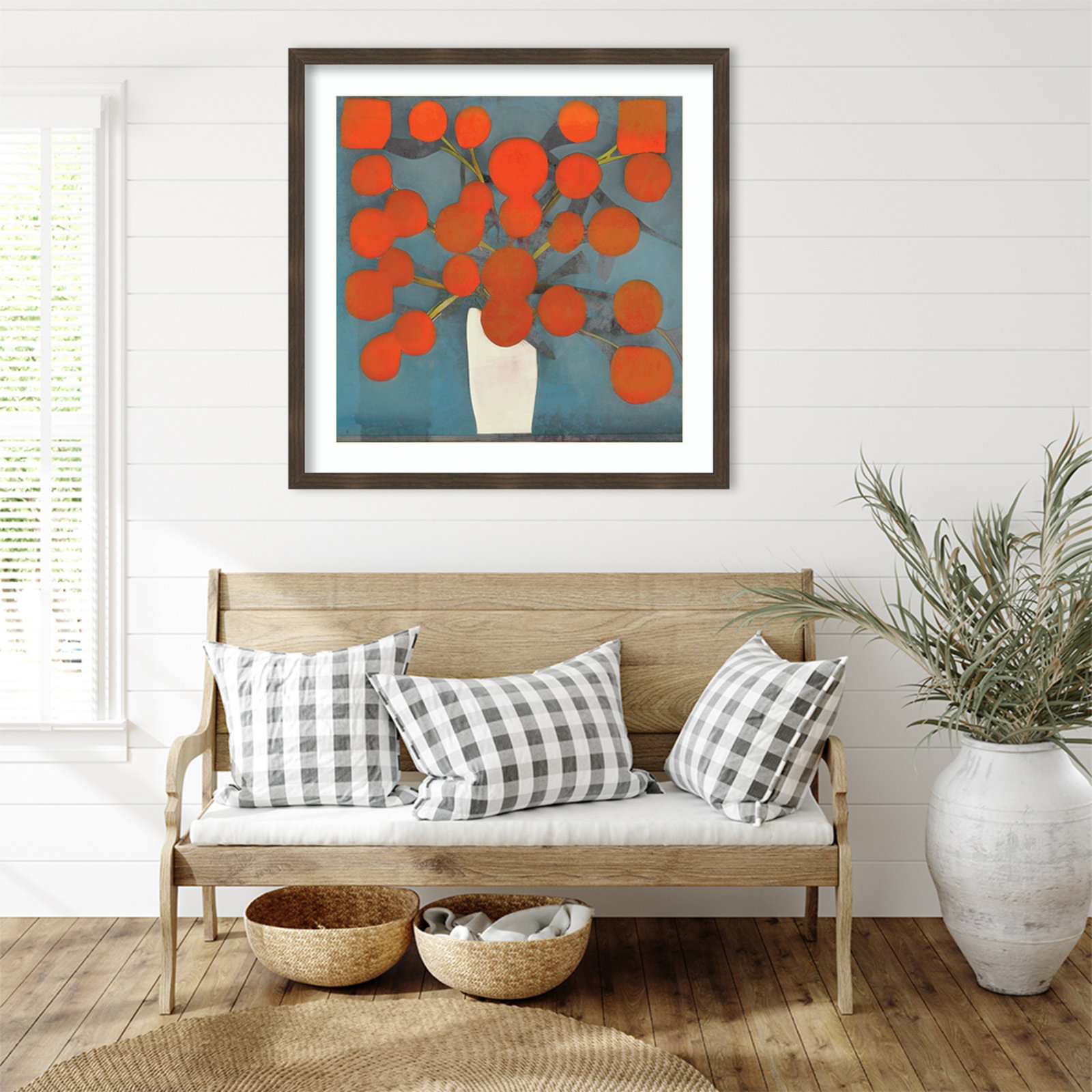 Abstract Orange Flowers by Elena Ray Wood Framed Wall Art Print, Dark Brown, 34" H x 34" W