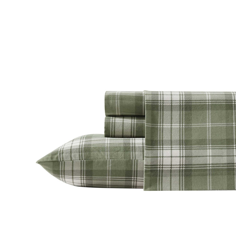 Ensemble de draps 100% coton 200 fils, Ensemble de draps pour grand lit avec 2 taies d'or, Tissu écossais vert