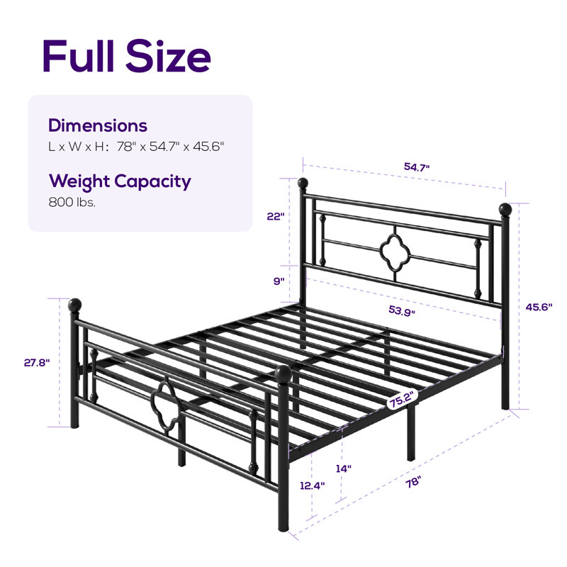 Ajayceon Metal Platform Bed Frame With Vintage-Style Headboard And Footboard, Black, Full / Double