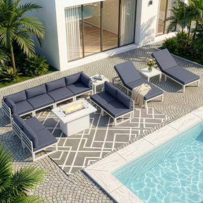 13 Pieces Modern Aluminum Patio Furniture Set With Natural Gas/Propane Firepit Table, Outdoor Modular Sectional Conversation Set With Patio Chaise Lounges