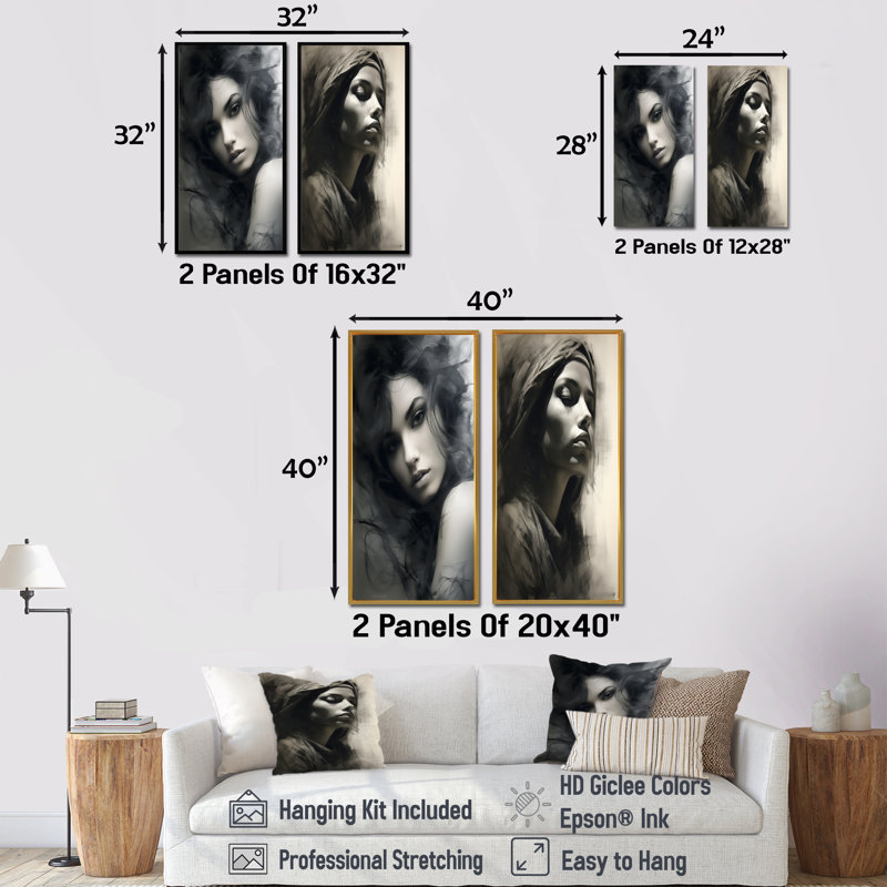 «Charcoal Chronicles Woman Portrait», ensemble de 2 impressions sur toile femme, H 40 po x l 41 po, Encadrement doré