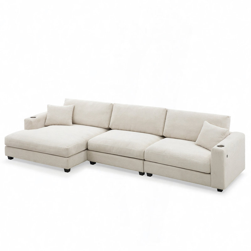 Modern L-Shaped Sectional with USB Port and Cup Holder, Beige Corduroy