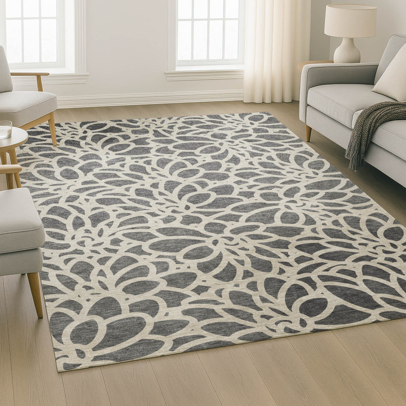 Premium Machine Washable Mayfield AMF2412 Floral Rug, Gray, 5' x 7'6"