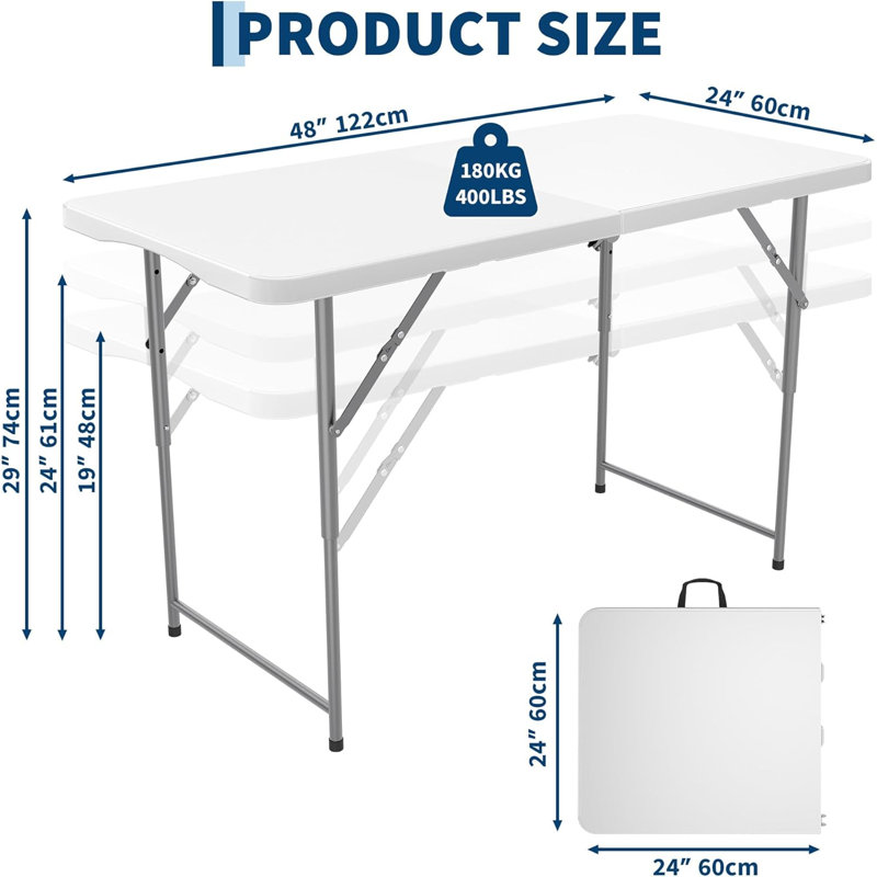 Table pliante de 4 pi, 3 hauteurs réglables, supportant jusqu'à 400 lb, White