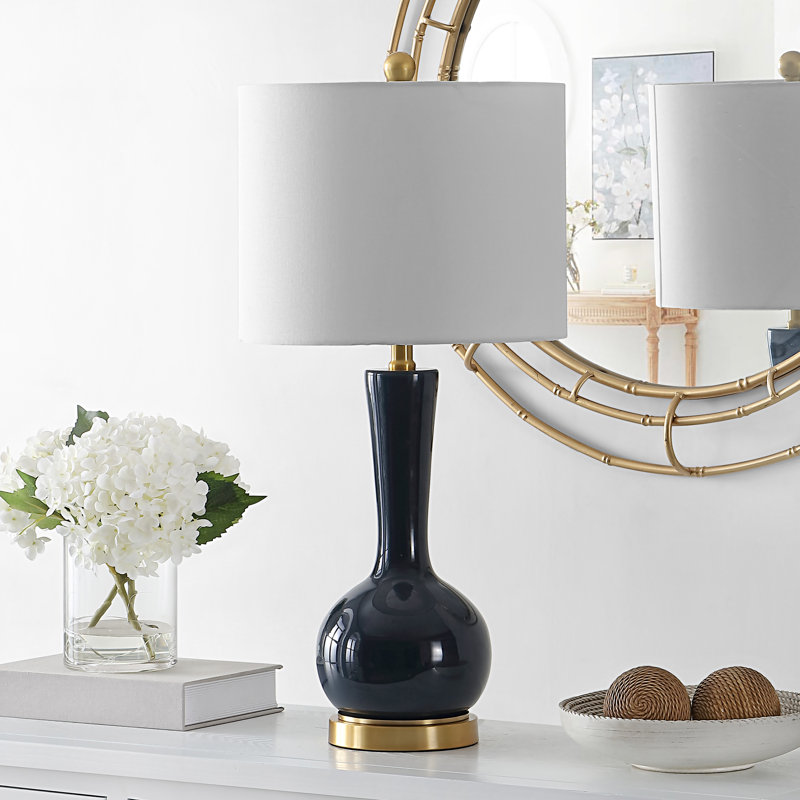 Gaetna Navy Glass Table Lamp with White Drum Shade