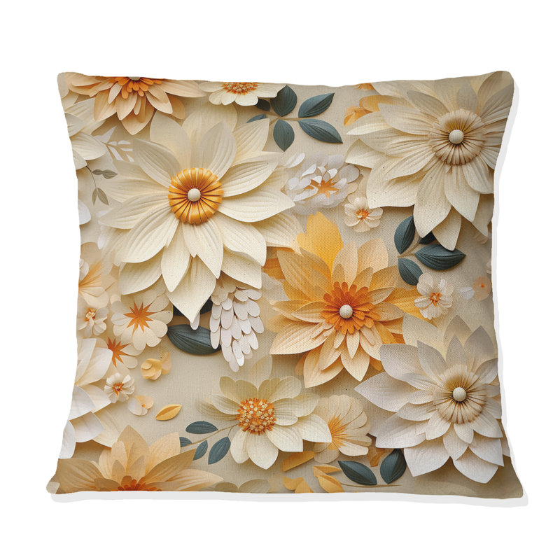 Coussin décoratif blanc et beige Dahlia, H 16 po x l 16 po
