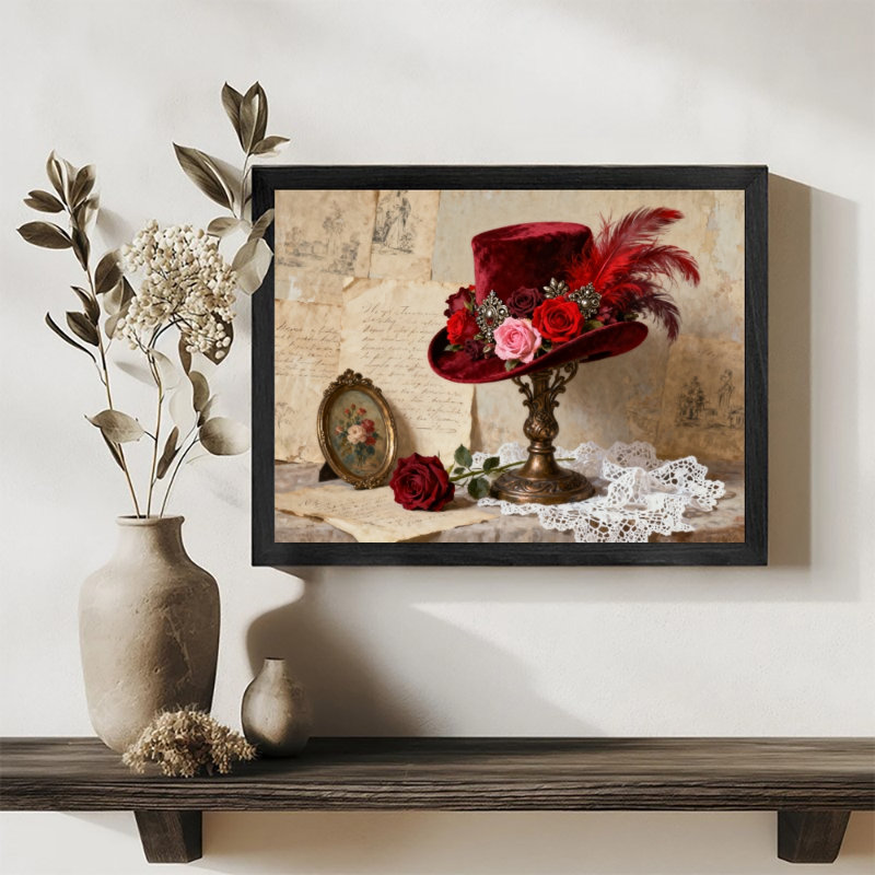 Art encadré noir rétro avec chapeau rose rouge, impressions de style rétro, H 9 po x l 11 po