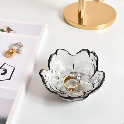 August Grove® Crystal Flower Ring Dish, Decorative Glass Jewelry Tray For Vanity