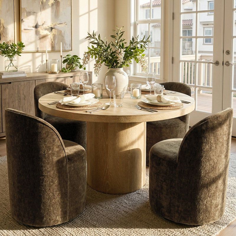 4 - Person Dining Table Sets With Solid Wood Round Table & 4 Upholstered Chenille Chairs, Yellow, Brown