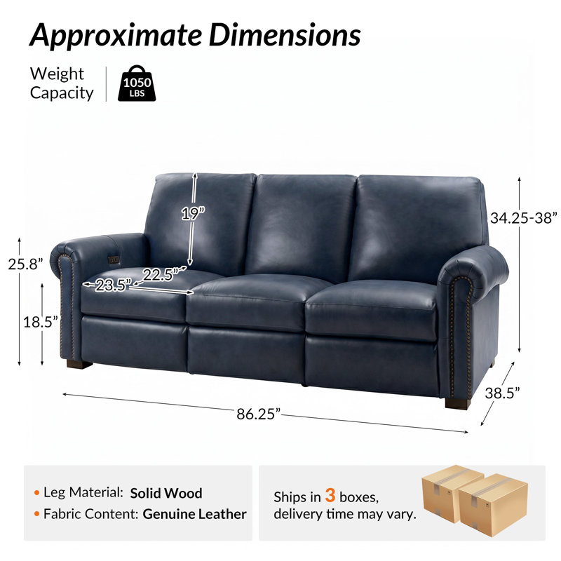  Igon 86.25" Traditional Down-Filled Genuine Leather Power Reclining Sofa, Navy