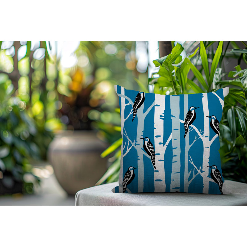 Oreiller carré réversible intérieur / extérieur Fiore Bird, Carré 15 po, Turquoise