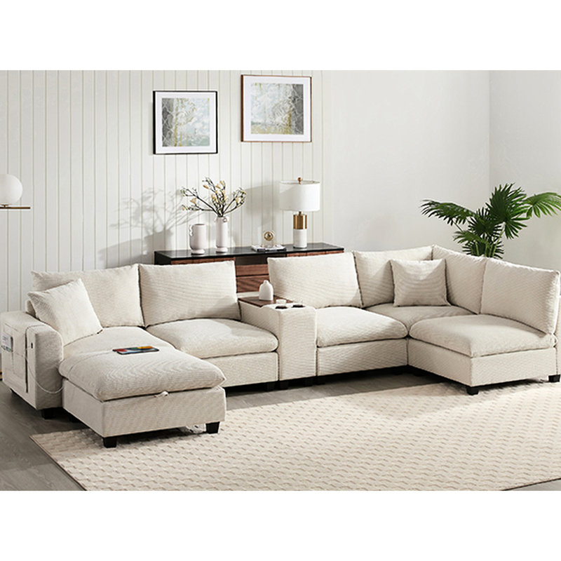 Canapé modulaire modulaire avec mobile et console pour le salon - 6 sièges, chenille, coussins larges en mousse pure, porte-gobelet surdimensionné de 140 po, revêtement en chenille, poches de rangement amovibles