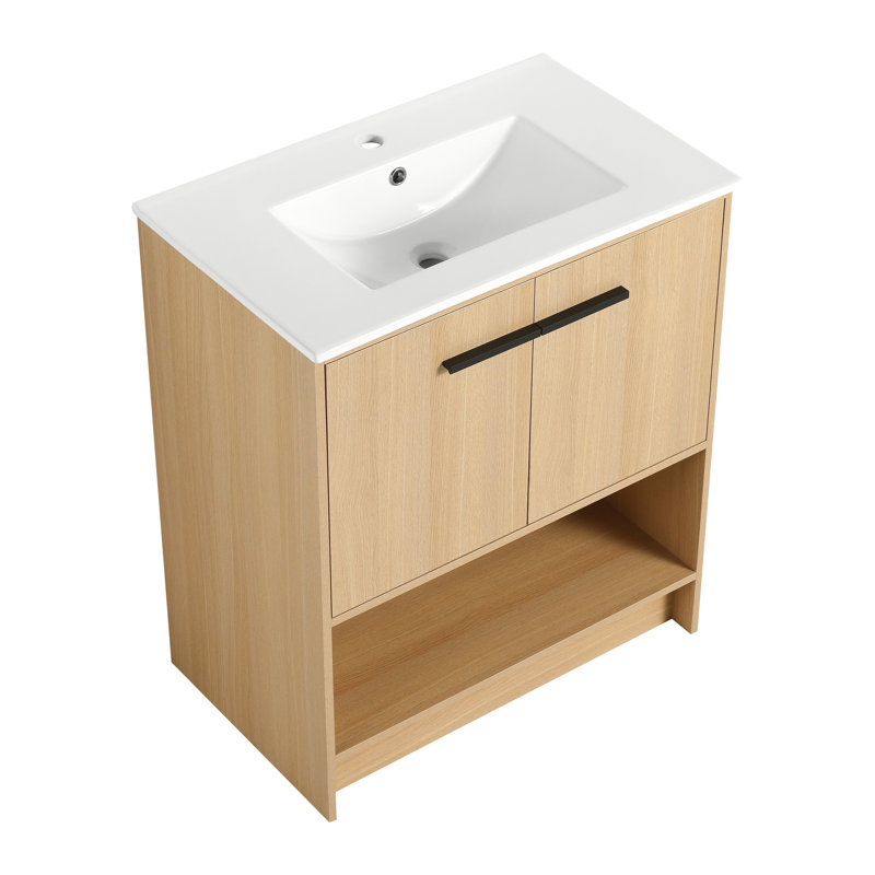 Meuble-lavabo autoportant de 30 po et lavabo en céramique. Fabrication en contreplaqué. 2 portes. Élégant. Facile à installer. Chêne avec armoire, caractéristique populaire. Assemblage.