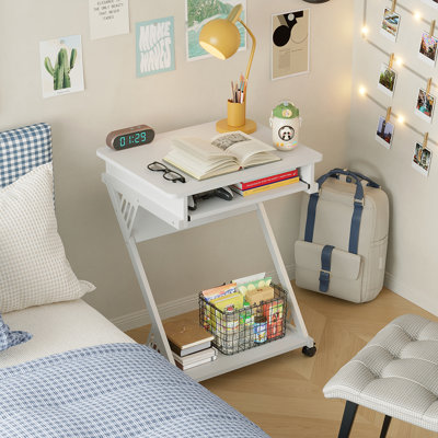 23.6" Z-Shaped Computer Desk with Keyboard Tray and Wheels, Compact Study Table for Small Spaces